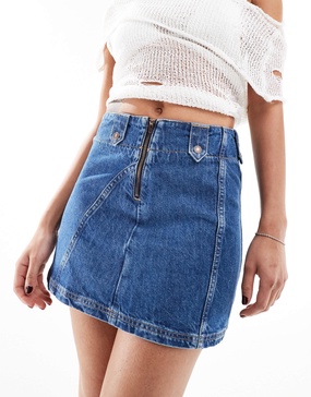 Free People denim a-line mini skirt in mid wash blue