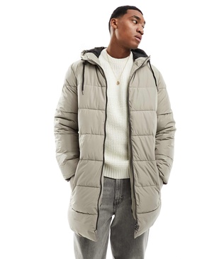 Only & Sons longline hood puffer jacket in beige