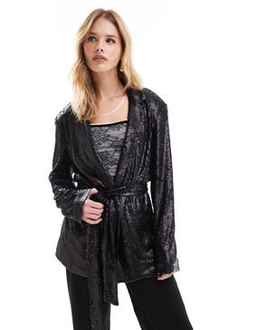 ASOS DESIGN sequin tie waist blazer in black