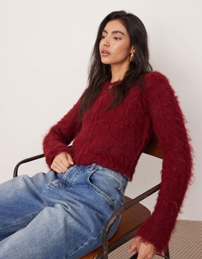 ASOS EDITION fluffy knit zip through cropped cardigan in burgundy