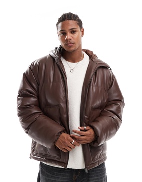 ASOS DESIGN faux leather puffer jacket with hood in brown