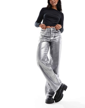 River Island 90s straight leg coated jeans in silver