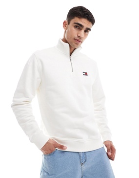 Tommy Jeans badge logo 1/4 zip sweatshirt in white