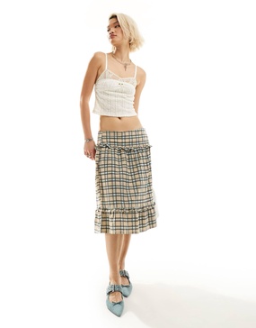 Motel ruffle plaid print knee length skirt in pastel blue