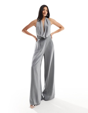 ASOS DESIGN satin cowl neck halter jumpsuit in silver