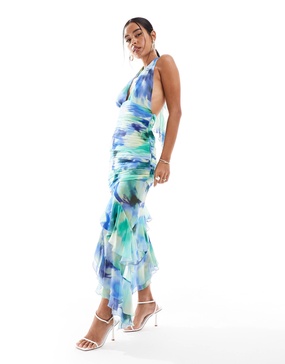 Mango halterneck high split printed midi dress in blue