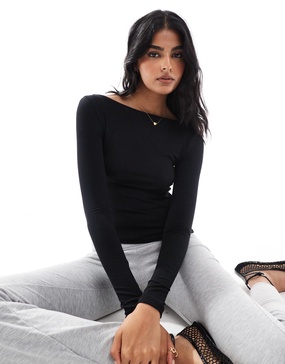 Cotton On staple rib boat neck long sleeve top in black