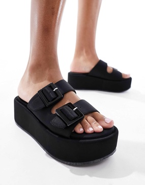 ASOS DESIGN Taxon buckle flatform mule sandals in black