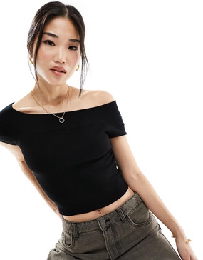 Cotton On off shoulder ribbed knit crop top in black