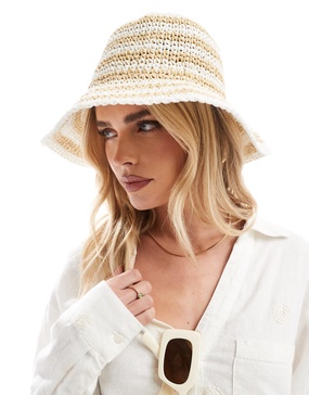 Accessorize stripe straw bucket hat in white/natural