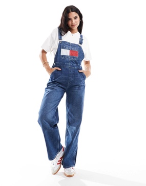 Tommy Jeans retro flag denim overalls in mid wash