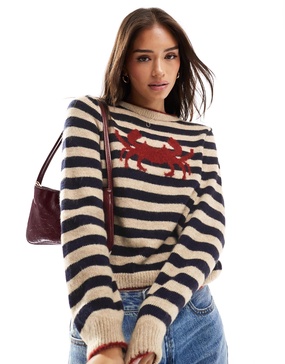 ASOS DESIGN knit oversized sweater with crab in blue stripe