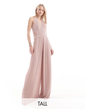 TFNC Tall Bridesmaid chiffon halter neck pleated jumpsuit in soft pink