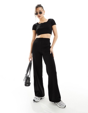 Fashionkilla knit pointelle wide leg pants in black - part of a set