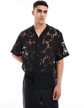 ASOS DESIGN oversized revere shirt in floral burn out in black