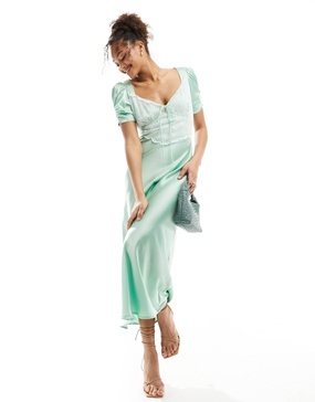 ASOS DESIGN v neck satin midi dress with lace bodice in sage green with contrast lace