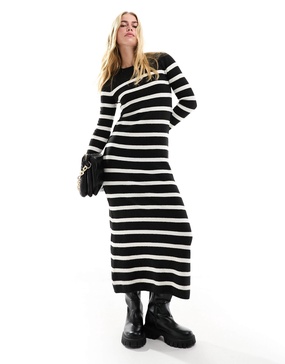 Stradivarius knitted maxi dress in black stripe