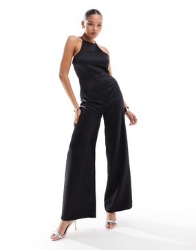 ASOS DESIGN satin racer wide leg jumpsuit in black