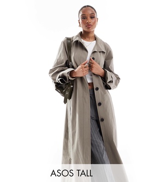 ASOS DESIGN Tall funnel neck oversized longline trench coat in mushroom