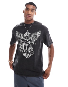 ADPT oversized t-shirt with angel chest print in black wash