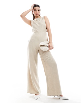 ASOS DESIGN high neck button side detailed wide leg jumpsuit in sand