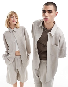 COLLUSION unisex tailored oversized shirt in sand pinstripe - part of a set