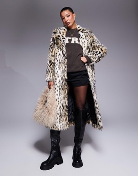 River Island long faux fur coat in leopard print