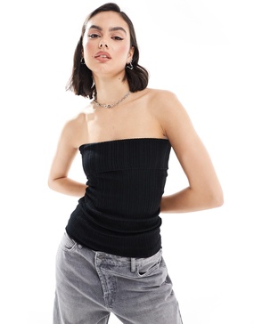 Mango ribbed fold over bandeau top in black