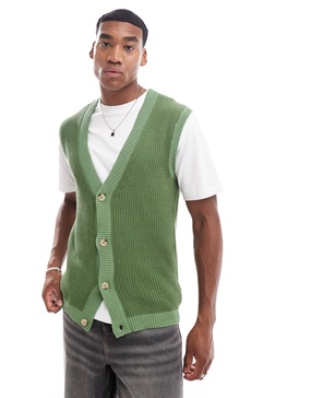 ASOS DESIGN knit button up sleeveless cardigan in green plated rib knit