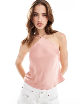 Vila halterneck satin cami top in rose