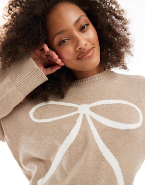 Cotton On luxe crew pullover knitted sweater in cream with bow intarsia