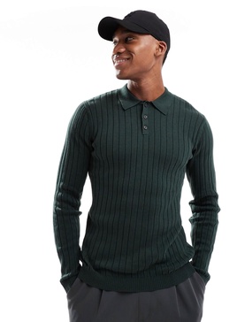 ASOS DESIGN essential muscle fit knit rib polo neck sweater in dark green