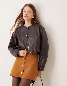 ASOS DESIGN collarless leather look jacket in brown