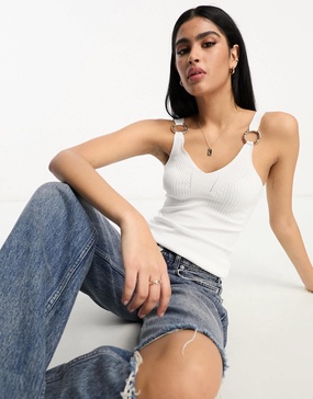 River Island ring detail ribbed knit tank top in white