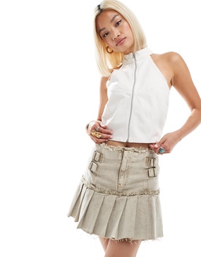 COLLUSION motocross denim halter top in white