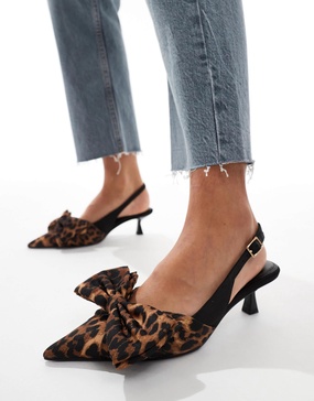 ASOS DESIGN Secret bow slingback kitten heel shoes in leopard