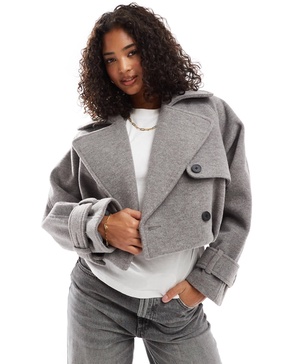 ASOS DESIGN bubble hem formal cropped trench coat in gray heather