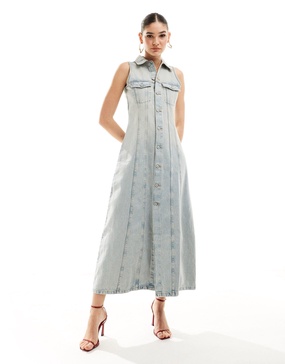 Mango button up sleeveless denim dress in light blue