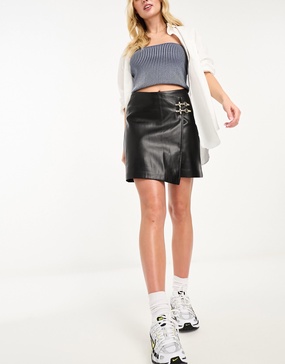 River Island clasp detail PU wrap mini skirt in black