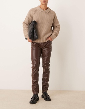 ASOS DESIGN skinny faux leather pants in brown