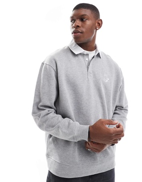 ASOS DESIGN oversized polo sweatshirt with contrast white collar and chest print in gray heather