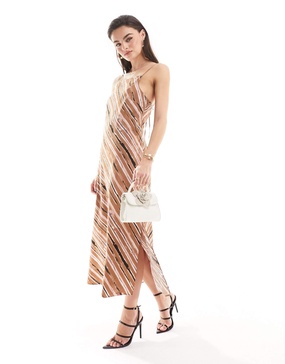 French Connection Gaia textured halterneck midi dress in mocha stripe