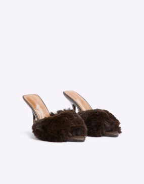 River Island faux fur heeled mules in dark brown