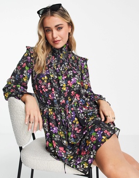 French Connection alanna floral printed smocked dress in black