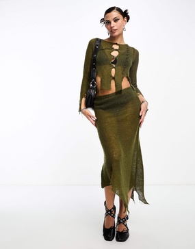 COLLUSION open stitch knitted midi skirt with asymmetric hem in khaki - part of a set