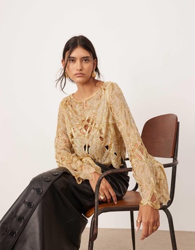 ASOS EDITION cut work nouveau floral embellished long sleeve top in gold