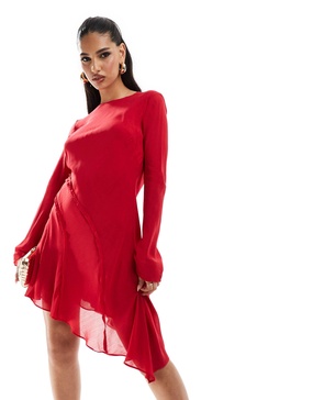 Mango long sleeve asymmetric hem mini dress in red