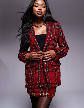 River Island tartan boucle blazer in red - part of a set