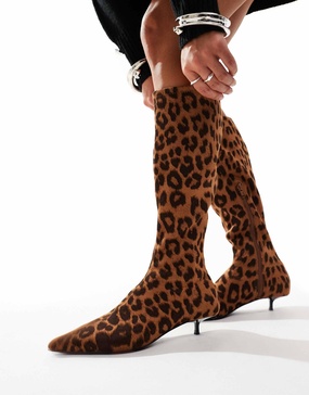 ASOS DESIGN Certain extreme mini kitten heel sock knee boots in leopard