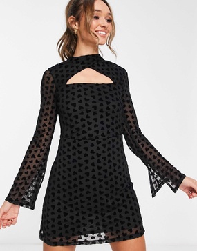 River Island heart mesh cut out mini dress in black devore